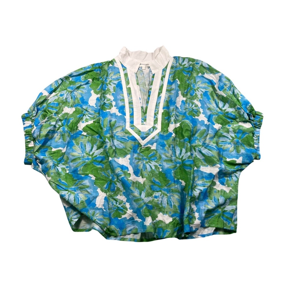 Entro Medium Tropical Floral Rayon Blend Blouse Blue Green Elastic Sleeve Top